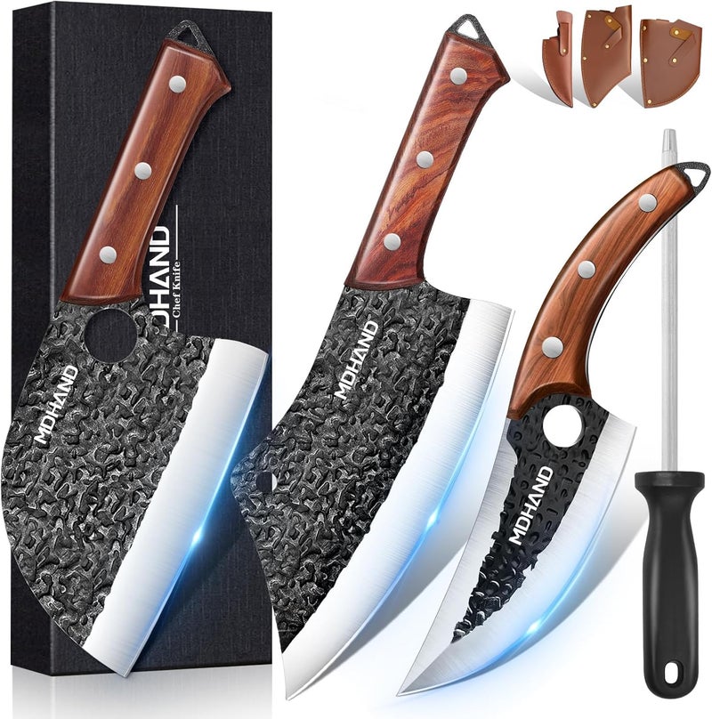MDHAND Butcher Knife Set, 8PCS Hand Forged Butcher Chef Knife Set with Gift Box, Meat Cutting Knife for Kitchen, Bone Chopper Knives & Viking Knives for Home & Camping & Outdoor, BBQ Gift for Men - Image 1